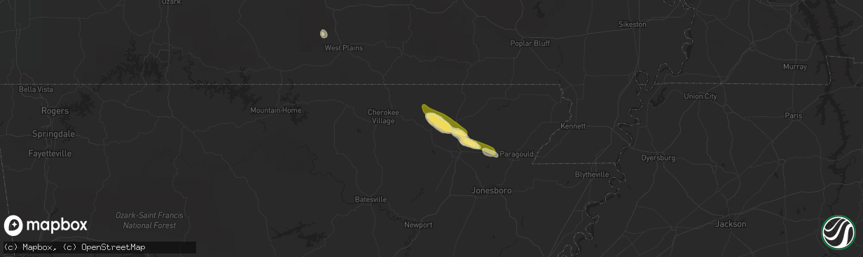 Hail map in Imboden, AR on February 21, 2016