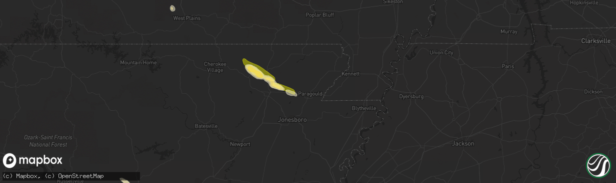 Hail map in Paragould, AR on February 21, 2016