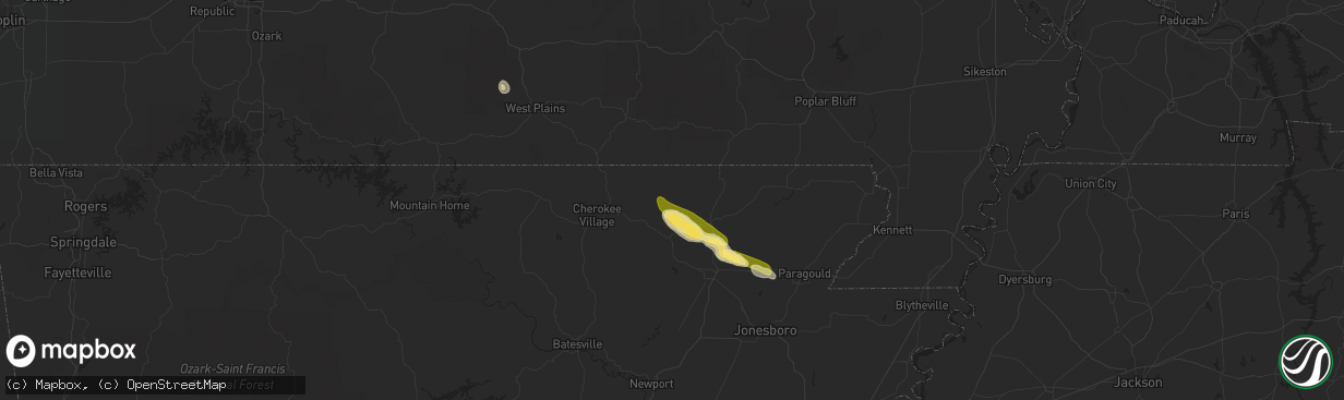 Hail map in Ravenden Springs, AR on February 21, 2016