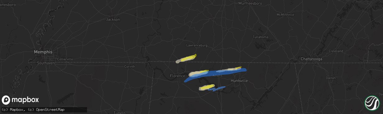 Hail map in Loretto, TN on February 22, 2022