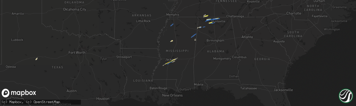 Hail map in Mississippi on February 22, 2022