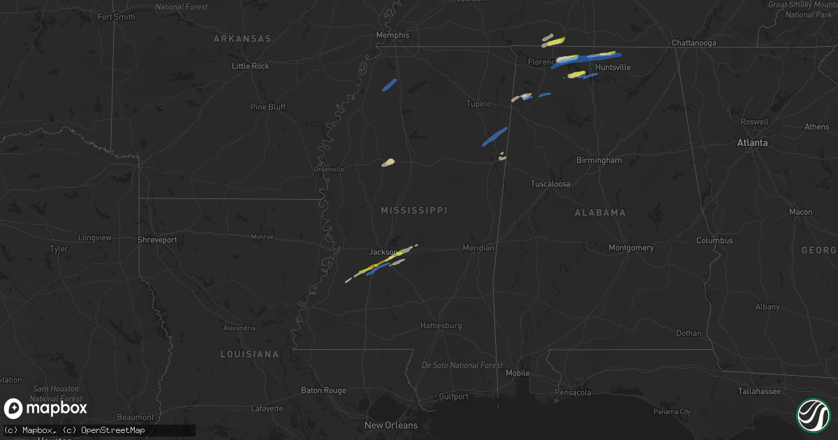 Hail map in Mississippi on February 22, 2022