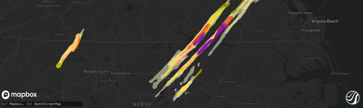 Hail map in Oxford, NC on February 24, 2016