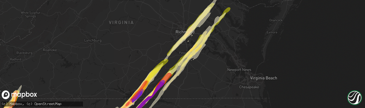 Hail map in Petersburg, VA on February 24, 2016