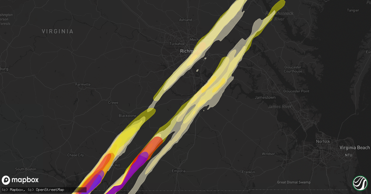 Hail map in Petersburg, VA on February 24, 2016