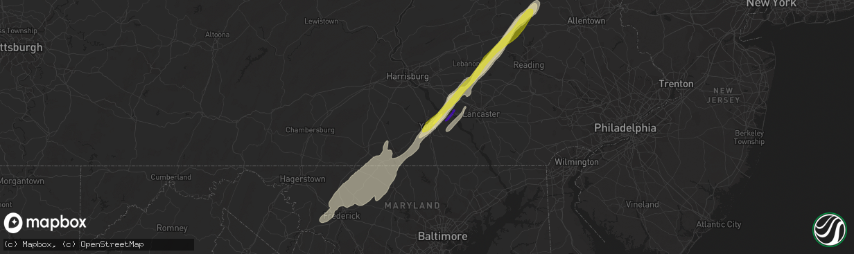 Hail map in York, PA on February 25, 2017