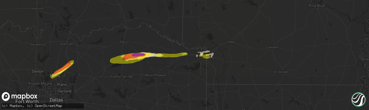 Hail map in New Boston, TX on February 25, 2021