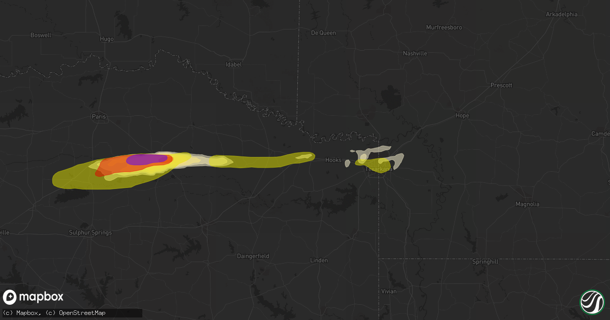Hail map in New Boston, TX on February 25, 2021