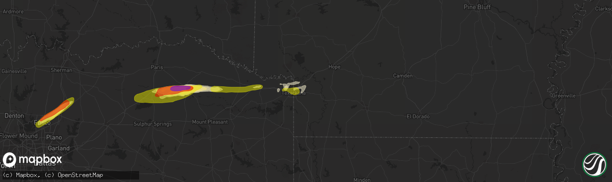 Hail map in Texarkana, AR on February 25, 2021