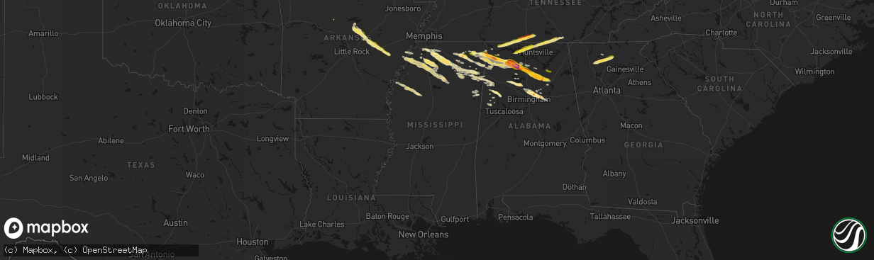 Hail map in Mississippi on February 26, 2026