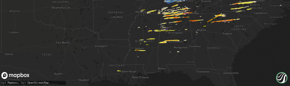 Hail map in Mississippi on March 1, 2017