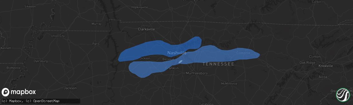 Hail map in Nashville, TN on March 1, 2017