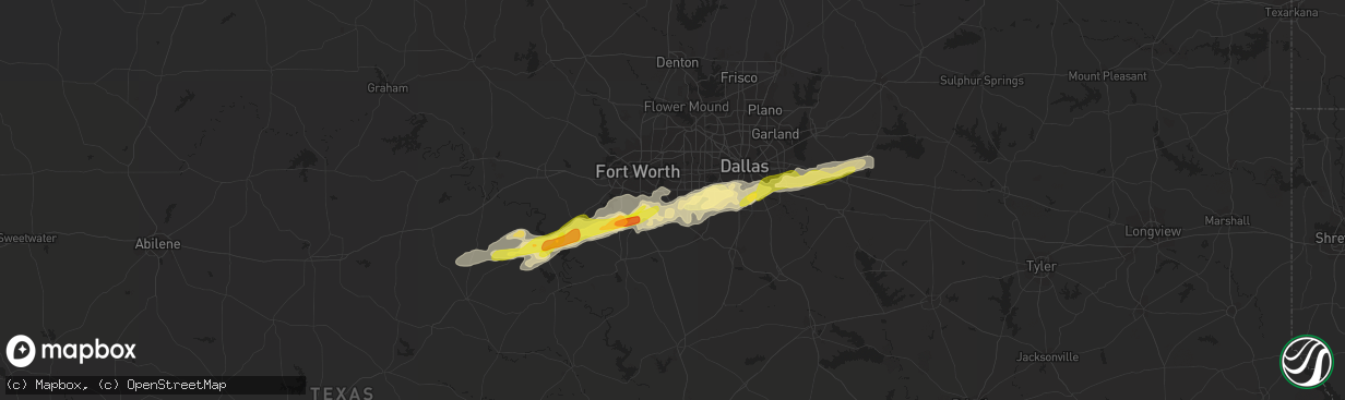Hail map in Arlington, TX on March 1, 2023