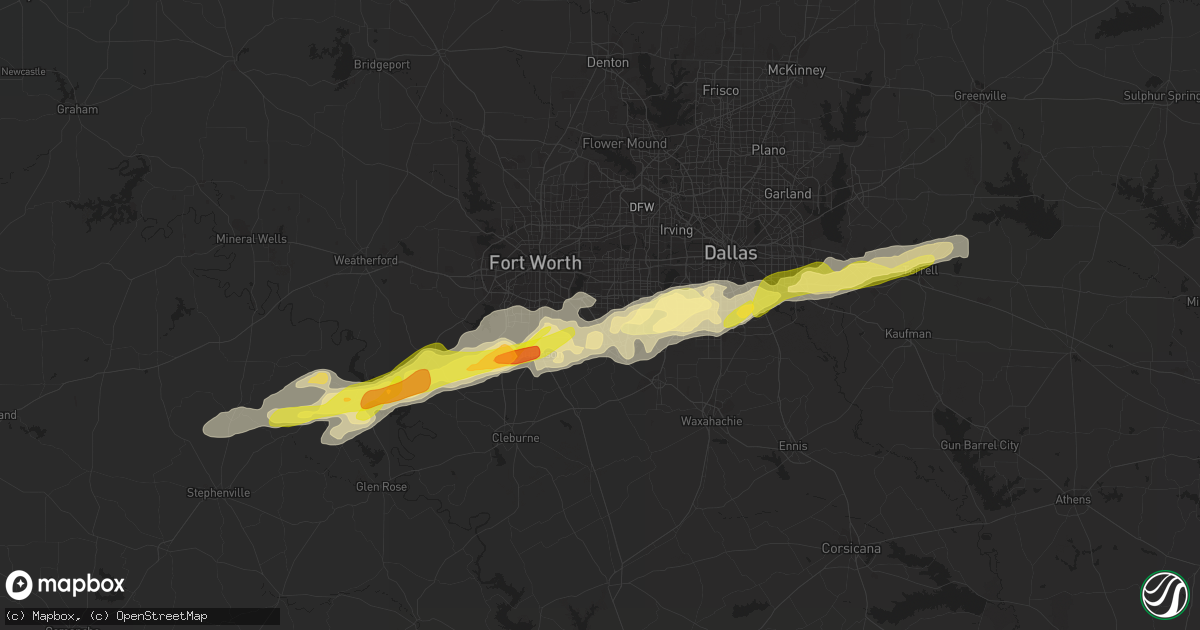 Hail map in Arlington, TX on March 1, 2023