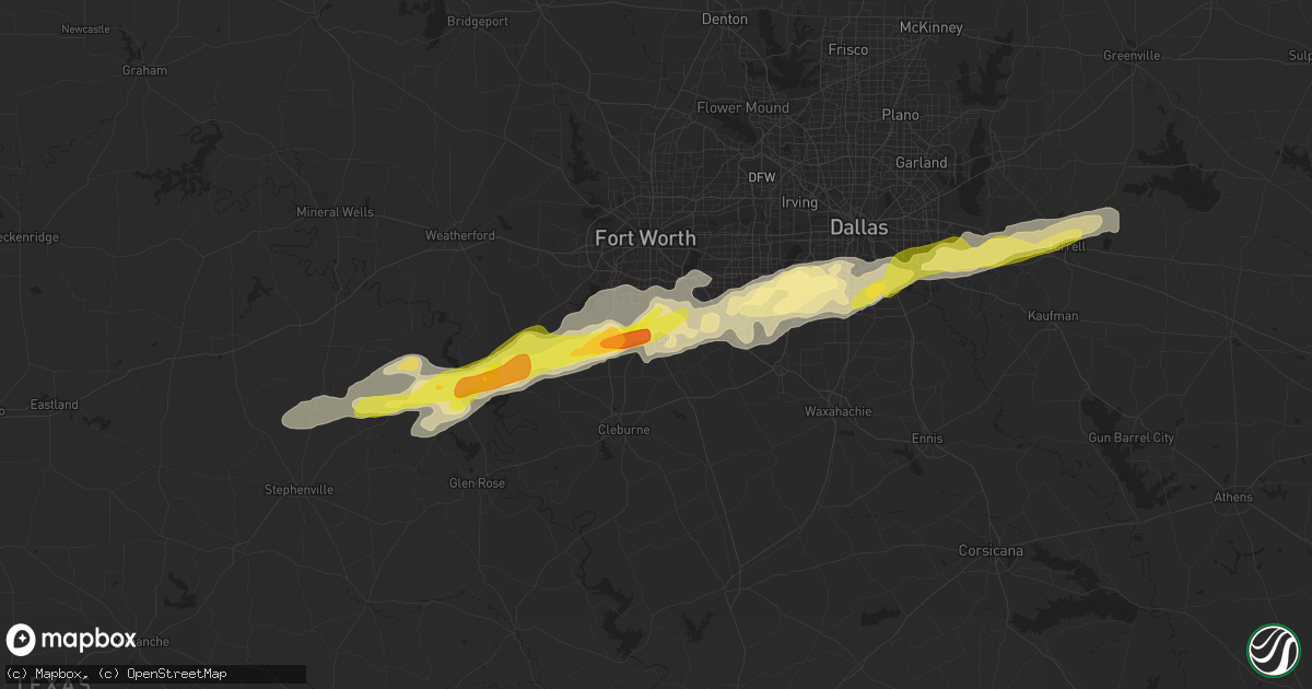 Hail map in Burleson, TX on March 1, 2023