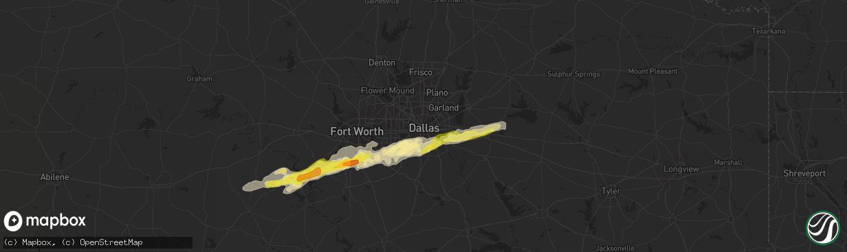 Hail map in Dallas, TX on March 1, 2023