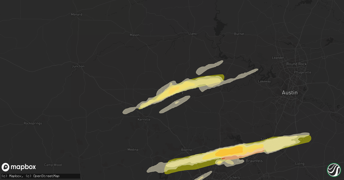 Hail map in Fredericksburg, TX on March 1, 2023