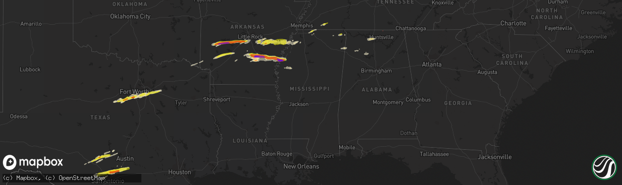 Hail map in Mississippi on March 1, 2023