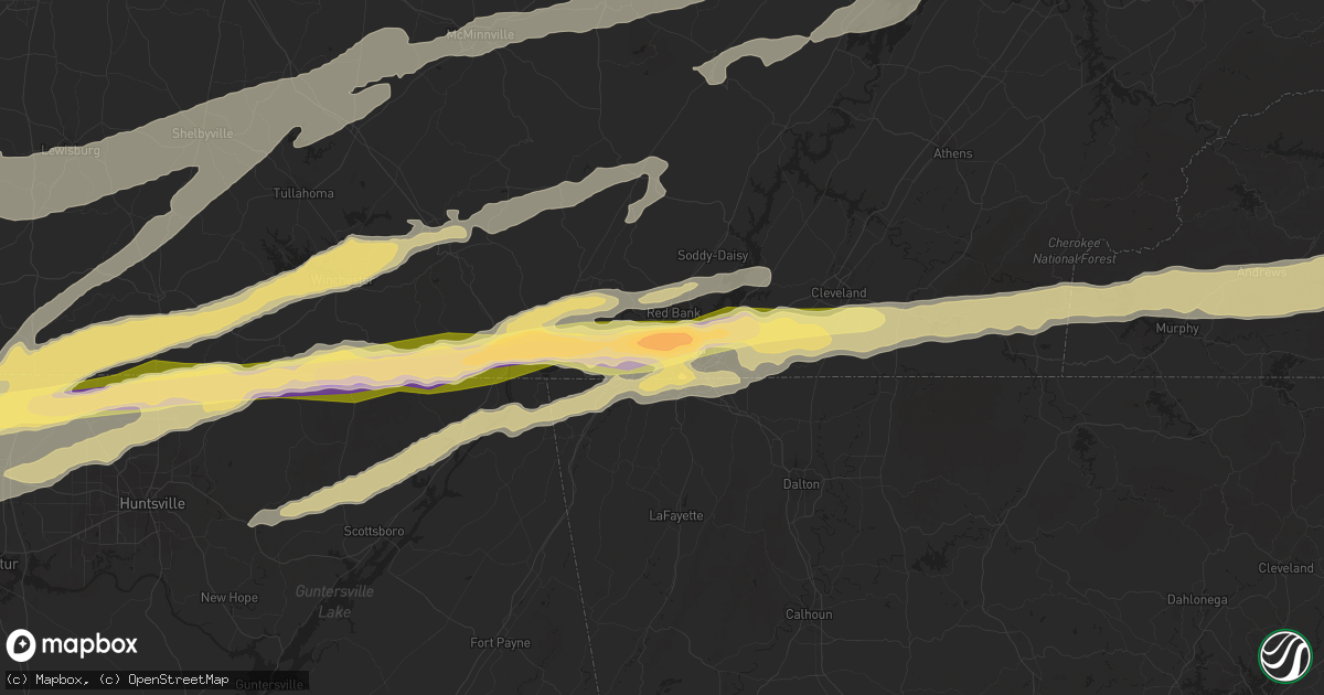 Hail map in Chattanooga, TN on March 2, 2012