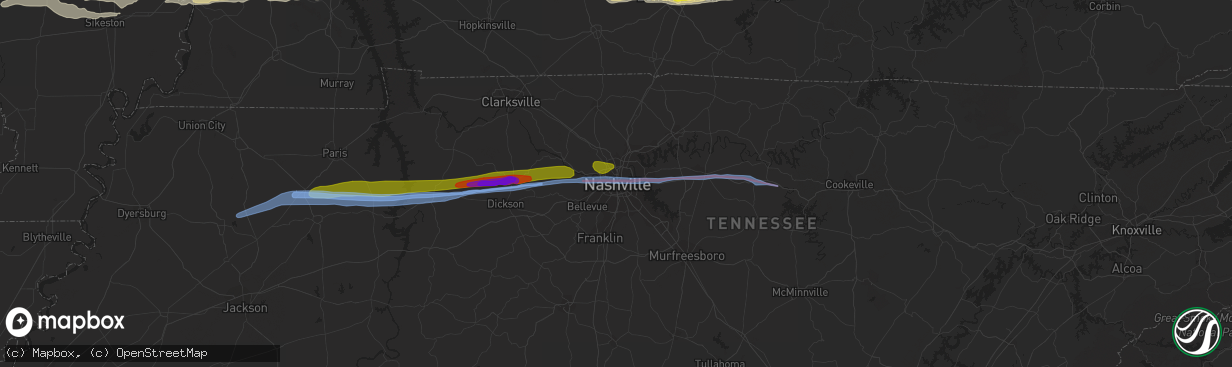 Hail map in Nashville, TN on March 2, 2020