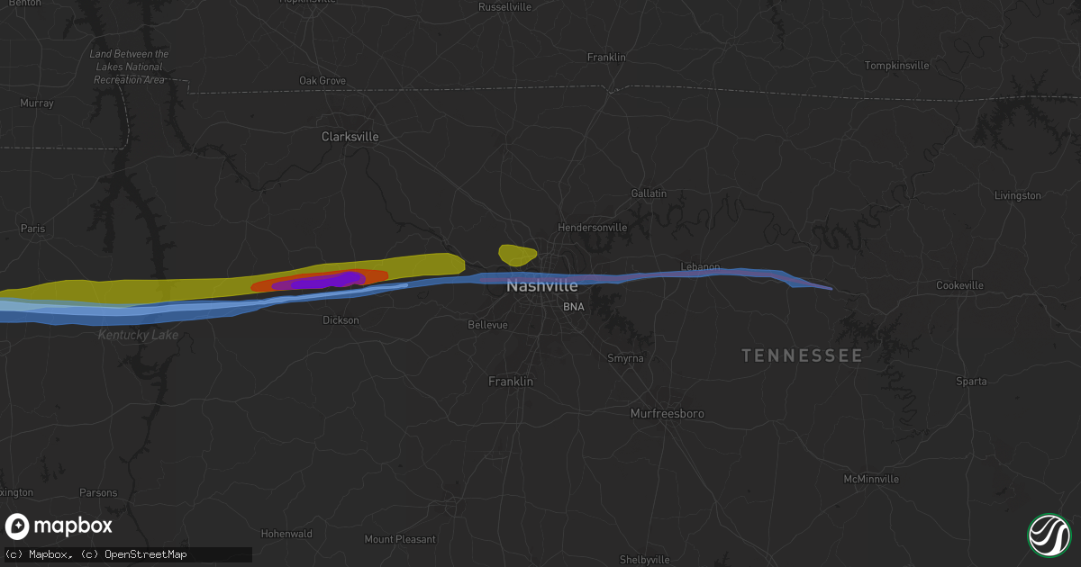 Hail map in Nashville, TN on March 2, 2020