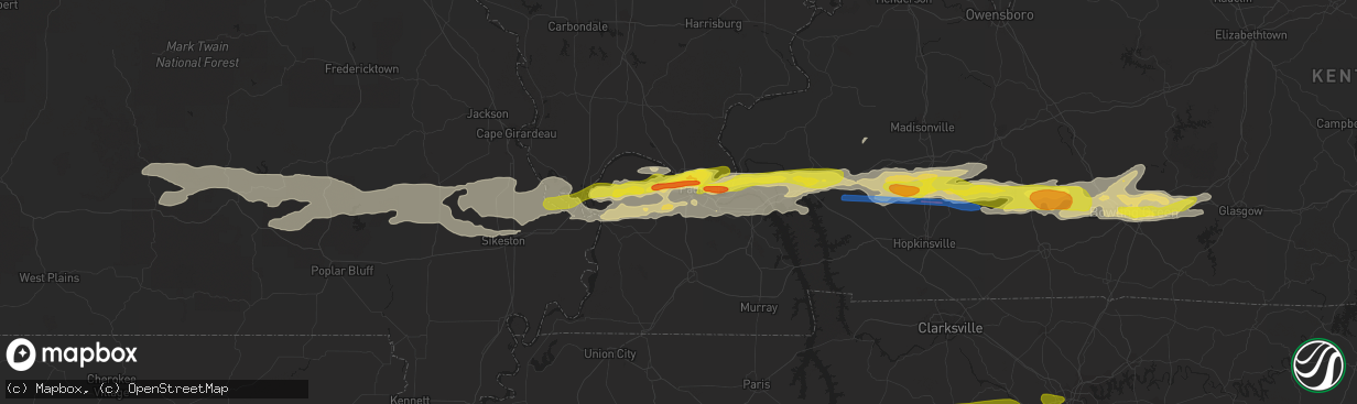 Hail map in Paducah, KY on March 2, 2020