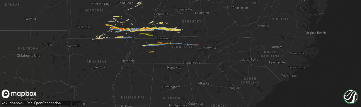 Hail map in Tennessee on March 2, 2020