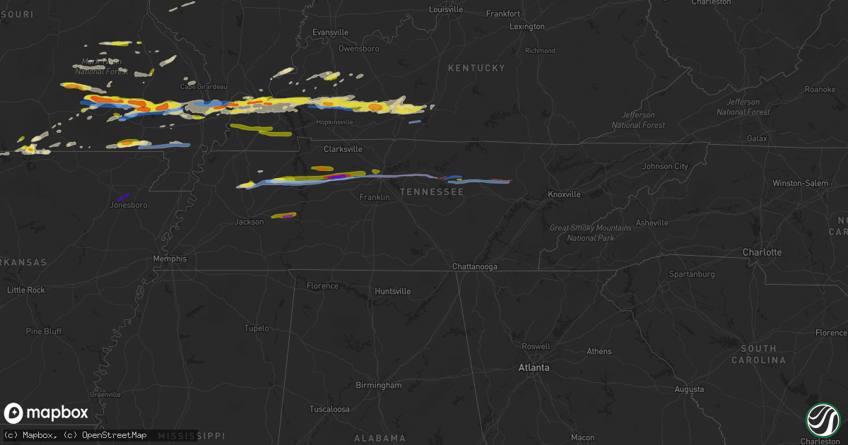 Hail map in Tennessee on March 2, 2020