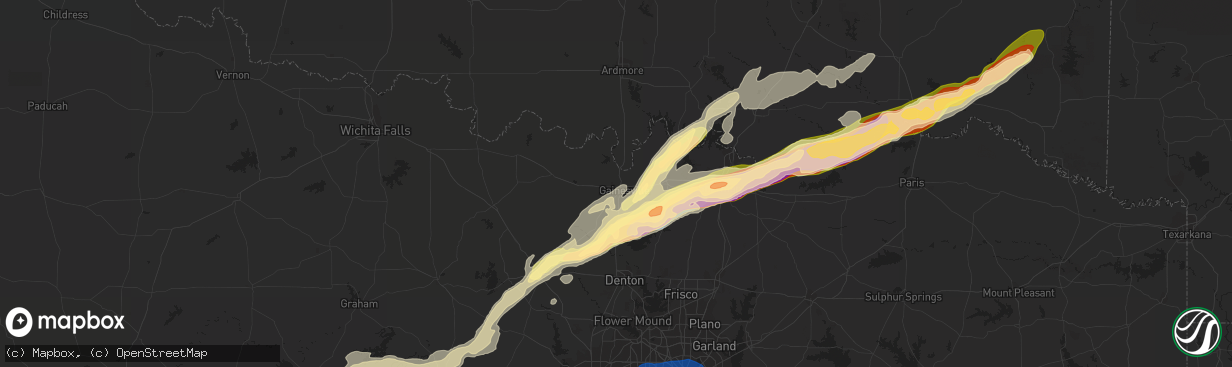 Hail map in Gainesville, TX on March 2, 2023