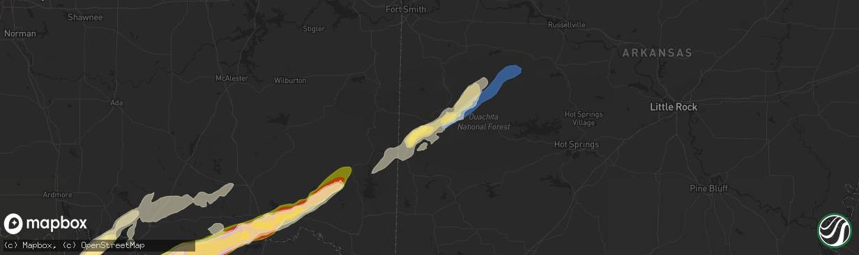 Hail map in Mena, AR on March 2, 2023