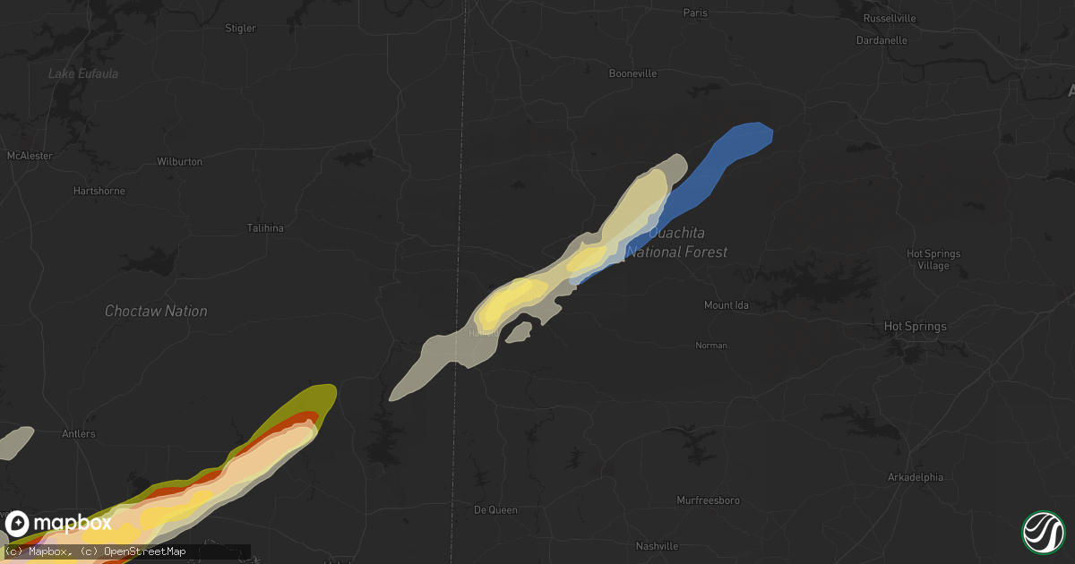 Hail map in Mena, AR on March 2, 2023