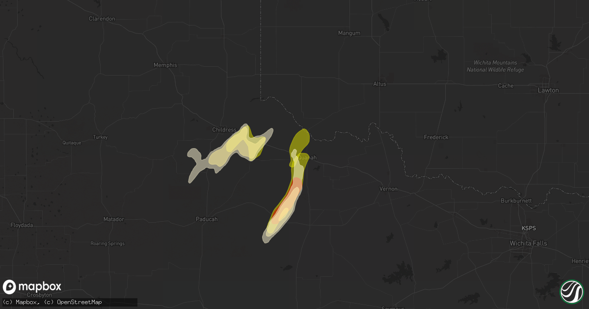 Hail map in Quanah, TX on March 2, 2025