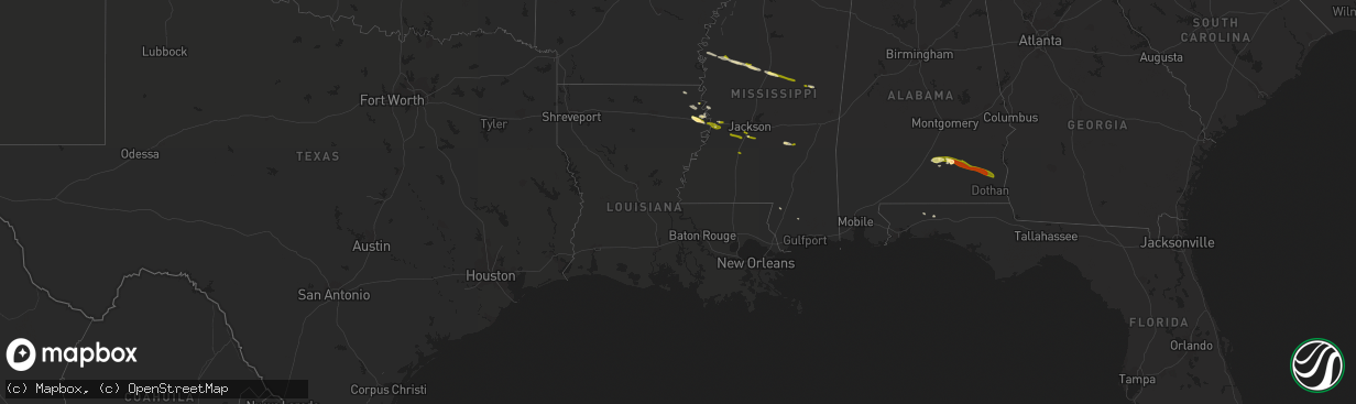 Hail map in Louisiana on March 3, 2016