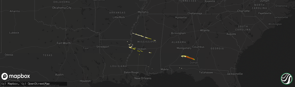 Hail map in Mississippi on March 3, 2016