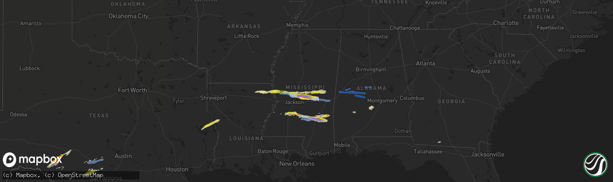 Hail map in Mississippi on March 3, 2020