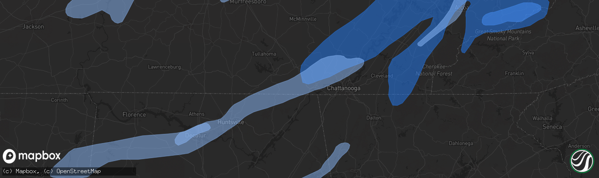 Hail map in Sevierville, TN on March 3, 2023