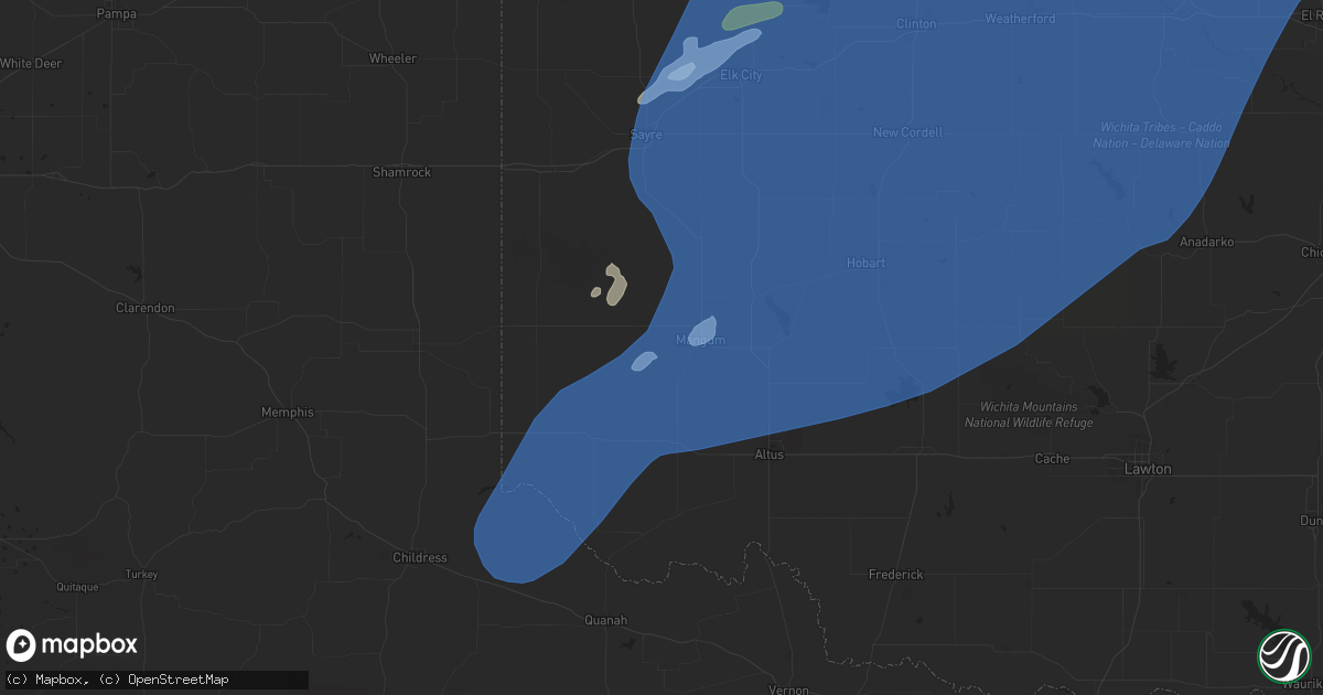 Hail map in Mangum, OK on March 3, 2025