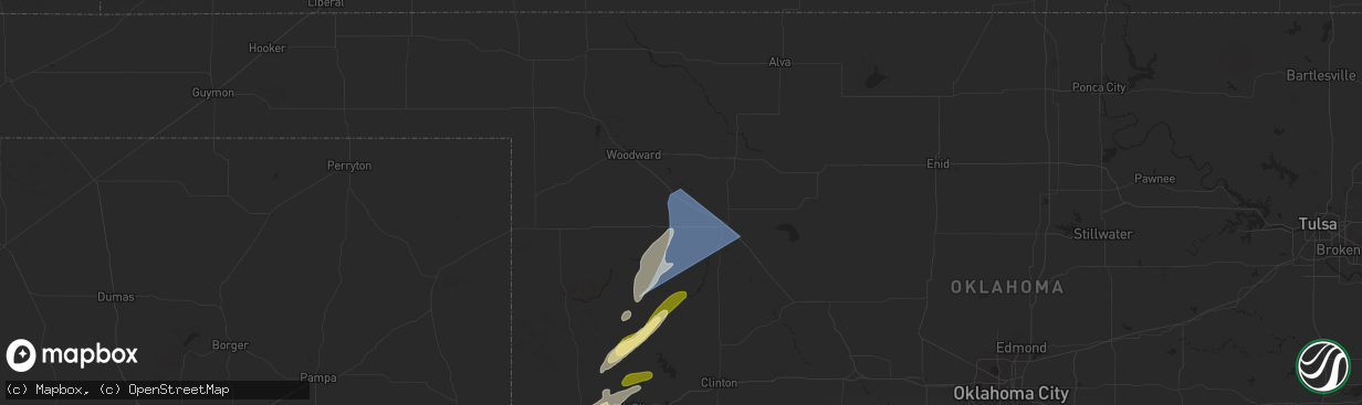 Hail map in Mutual, OK on March 3, 2025