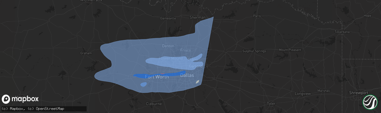 Hail map in Plano, TX on March 3, 2025