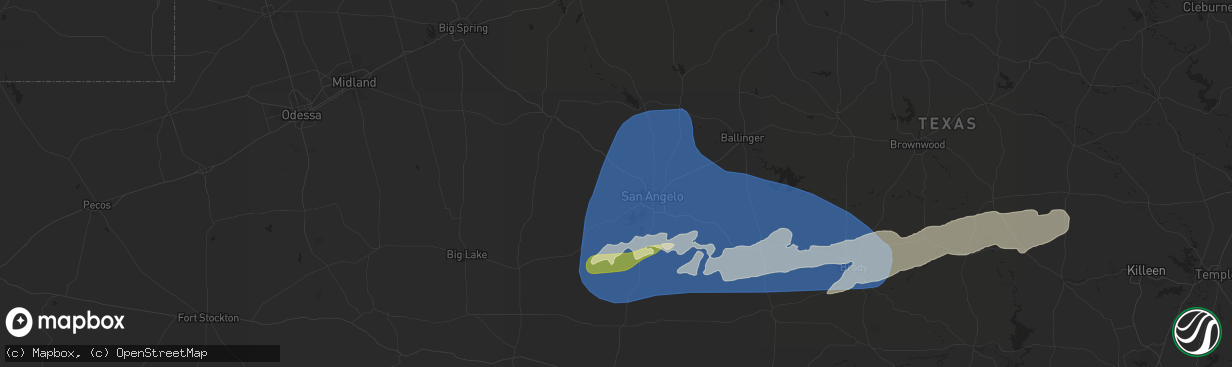 Hail map in San Angelo, TX on March 3, 2025