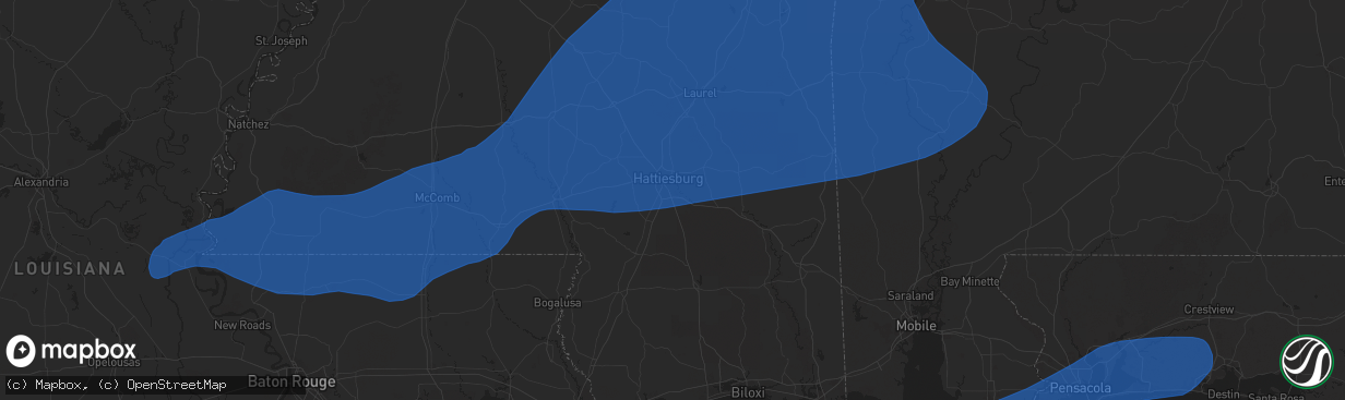 Hail map in Hattiesburg, MS on March 4, 2025