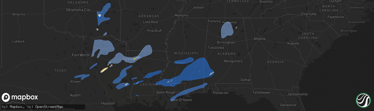 Hail map in Mississippi on March 4, 2025