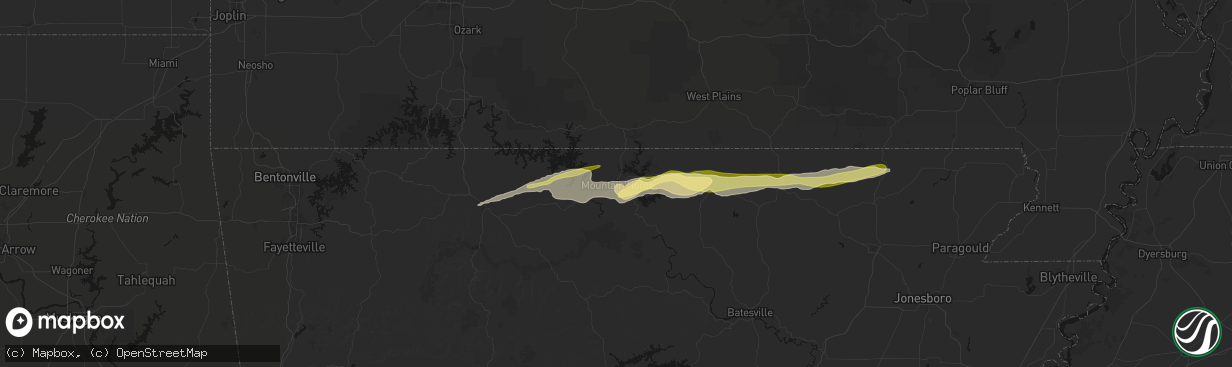 Hail map in Mountain Home, AR on March 4, 2026