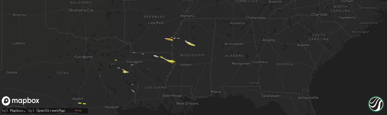 Hail map in Mississippi on March 5, 2018