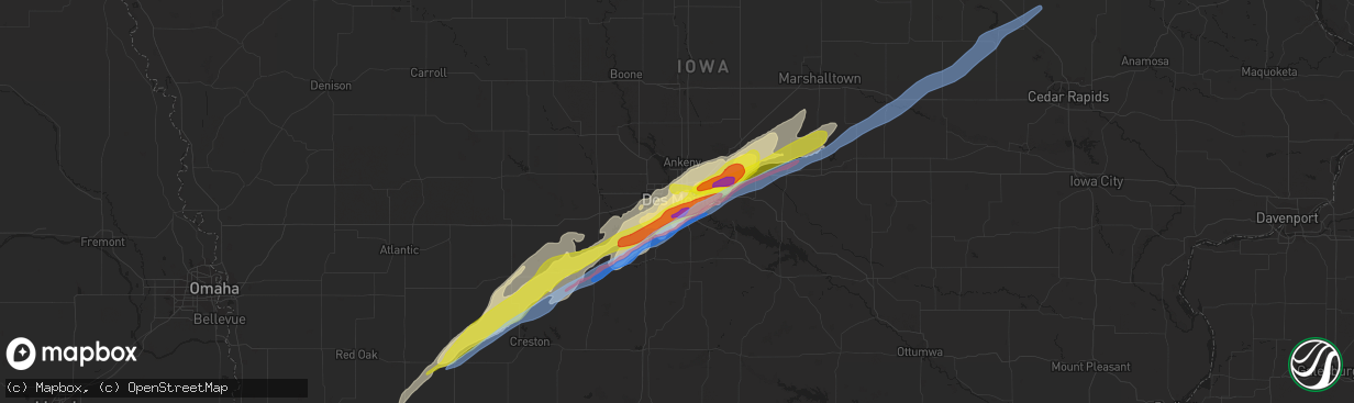 Hail map in Des Moines, IA on March 5, 2022