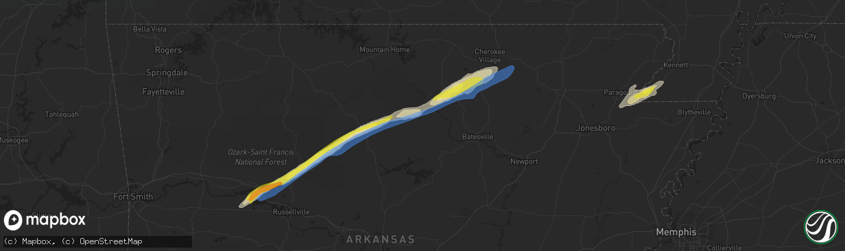 Hail map in Mountain View, AR on March 6, 2022
