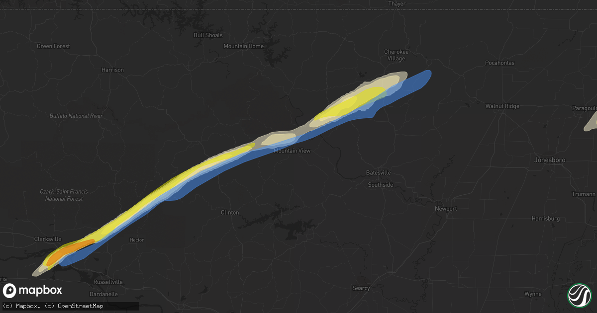 Hail map in Mountain View, AR on March 6, 2022