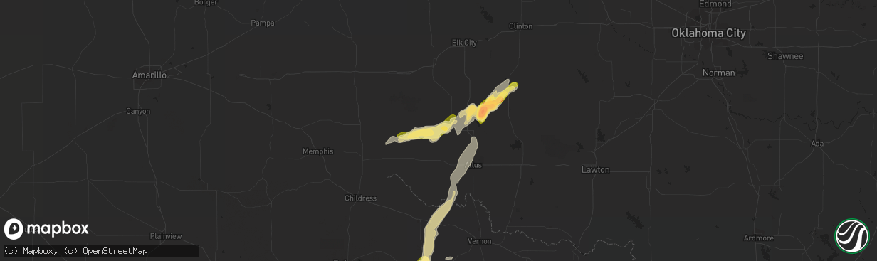 Hail map in Mangum, OK on March 7, 2024