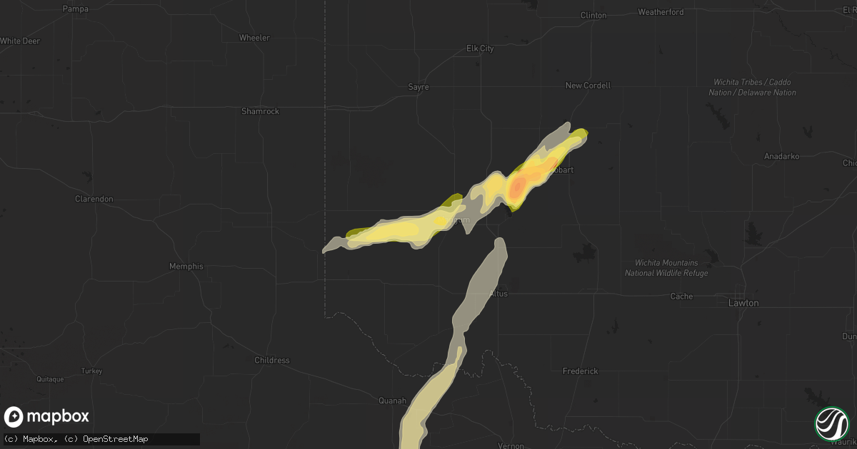 Hail map in Mangum, OK on March 7, 2024