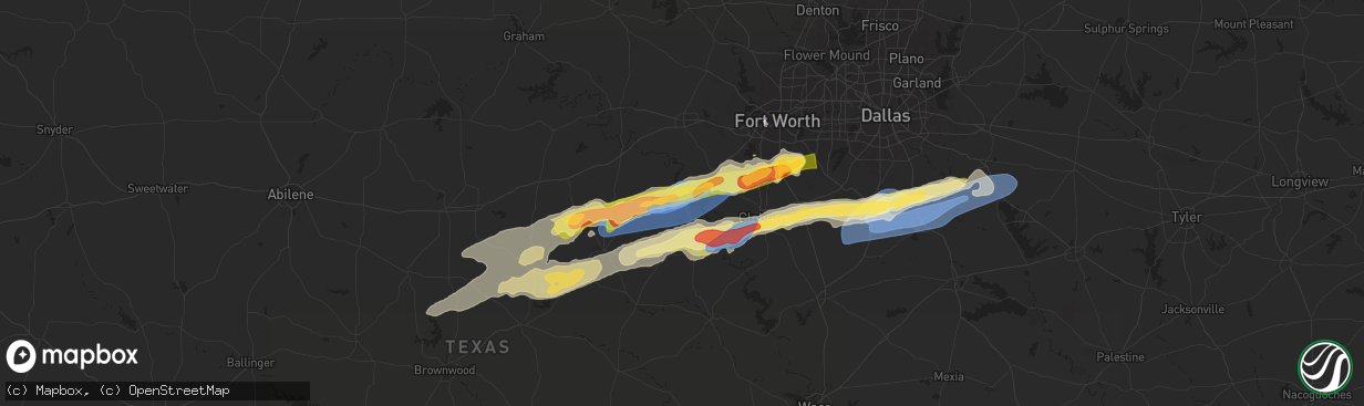 Hail map in Granbury, TX on March 7, 2025